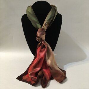 Hand Painted Silk Scarf Coral Olive Green Chestnut Brown Rectangle Unique New